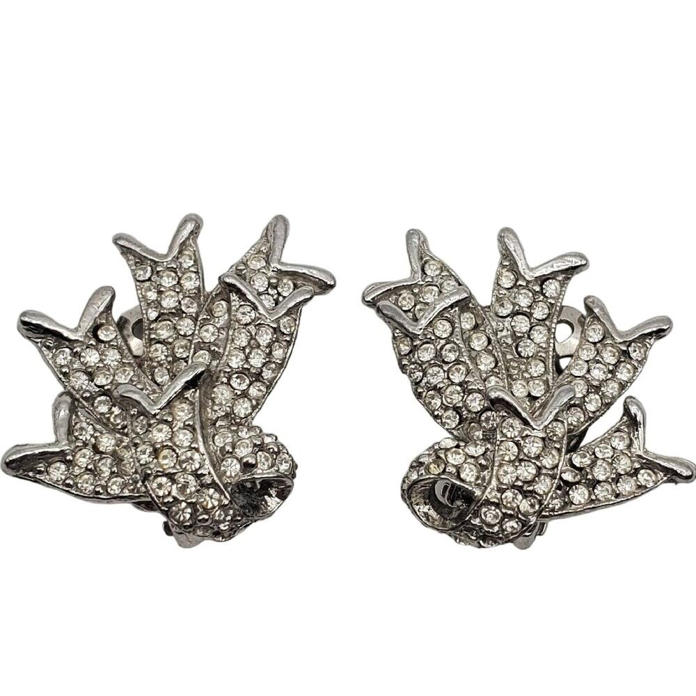 Pave Ribbon Clip Earrings Silver Tone Rhinestones Bow Vintage Bride 1960s